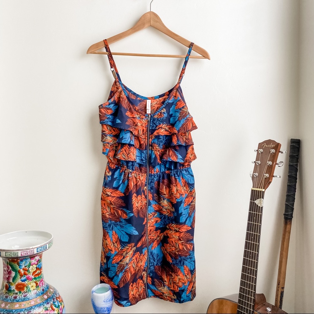 Xhileration Feather Print Navy & Rust Ruffle Dress